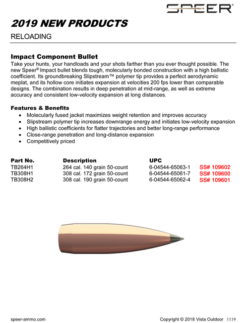 Speer Ammo Impact, Speer Tb264h1   Bull .264 140 Tipped Plated Cb 50