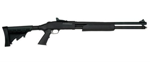 This is a Mossberg model 500 pump shotgun, chambered in 20 gauge. This model is equipped with a synthetic adjustable tactical stock.