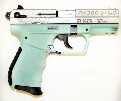 Walther PK380 .380 acp. This model has an Angel Blue polymer frame with a cerakote slide. USED