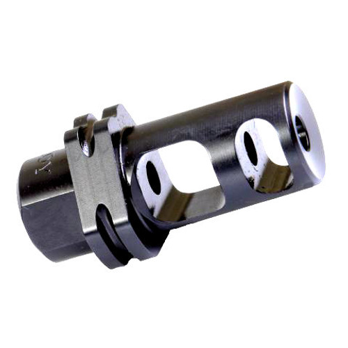 This is a Troy Industries muzzle brake. Muzzle brake has dual chambers and has a suppressor mount, manufactured in the USA.