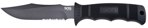 S.O.G SOGM37NCP Seal Pup  4.75" Fixed Clip Point Part Serrated Powder Coated AUS-8A SS Blade Black w/Raised Diamond Pattern GRN Handle Includes Lanyard/Sheath