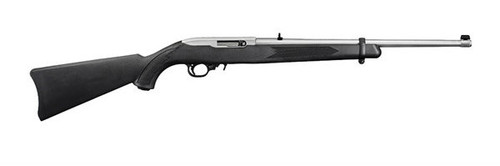 This is a Ruger 10/22 chambered in 22 long rifle. Black synthetic stock and a stainless barrel.