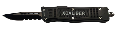 Xcaliber Knife Company  380 ACP  Small 2.75" OTF Part Serrated Black 440C SS Blade, 3.91" Steel Handle