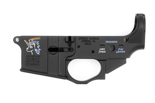 This is a factory Spike's Tactical AR-15 lower receiver. Called the "Snowflake" this lower has a unique theme, that features a unicorn. For the selector switch instead of safe, semi, full auto the lower reads "SAFE SPACE, TRIGGERED, FULL LIBTURD".