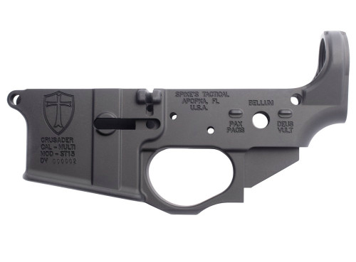 This is a factory Spike's Tactical AR-15 lower receiver. Called the "Crusader" this lower has a unique theme, that features a Spartan helmet. For the selector switch instead of safe, semi, full auto the lower has " Pax Pacis (peace), Bellum (war), Deus Vult (God wills it)".
