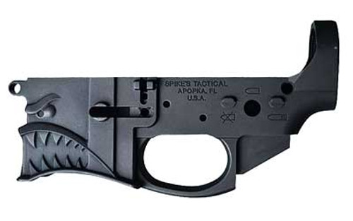 Spike's Tactical AR-15 billet lower receiver. Called the "Hellbreaker" this lower has a unique theme, that features a three dimensional unique design as the magazine well.