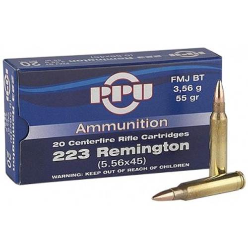 .223 Remington with 20 rounds per box, brass case 55gr FMJBT. Manufactured by PPU!