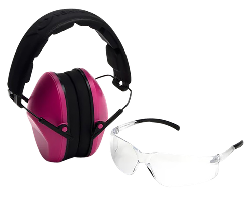 Pyramex VGCOMBO210 Low-Profile Combo Kit  Scratch Resistant Clear Lens & Frame with Rubber Temple Tips Pink Low-Profile Earmuffs