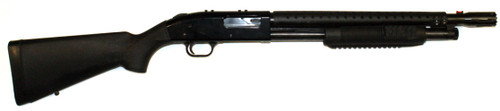 Used Mossberg 500 w/ a breacher barrel. Also upgraded with a heat shield and FAB Defense Pump handle. Includes Side saddle