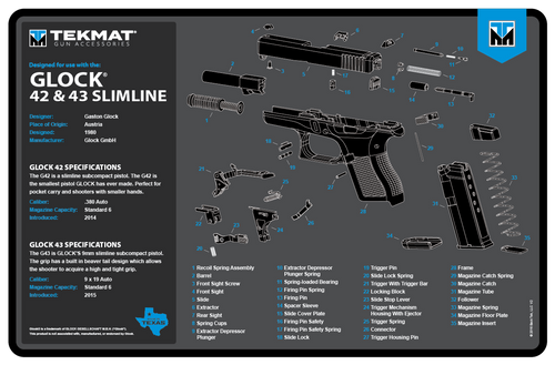 TekMat TEKR17GLOCK4243BL Glock 42/43 Cleaning Mat Black/Blue/White Rubber 11"x17" Glock 42/43 Parts Diagram