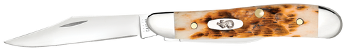 Case 00045 Peanut  2.10"/1.53" Folding Clip Point/Pen Plain Mirror Polished Tru-Sharp SS Blade, Peach Seed Jigged Amber Jigged Bone Handle