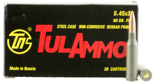 TulAmmo 5.45x39mm 60 Grain FMJ (Full Metal Jacket), has 20 rounds per box, manufactured by The Ulyanovsk Cartridge Works.