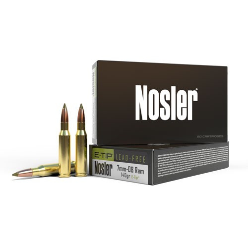 7mm-08 Remington Ammunition with a 140gr E-TIP projectiles, 20 Rounds/ Box, manufactured by Nosler.
