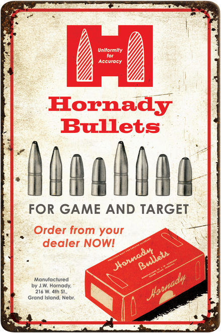 Hornady 99145 Bullets Tin Sign Rustic Red White Aluminum 12" x 18"