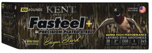 Kent Cartridge CC203FSP283X5 Fasteel + Precision Steel Sports South Exclusive 20 Gauge 3" 1 oz 3x5 Shot 100 Per Box/2 Cs