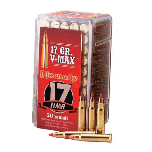 This is Hornady ammunition, 17 HMR 17 Grain V-Max, it has 50 rounds per box, manufactured by Hornady.