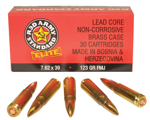 Red Army Standard Elite 7.62x39mm 123 Grain FMJ Brass cased, has 30 rounds per box, distributed by Century Arms.