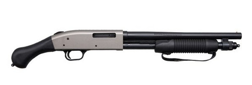 The Mossberg 590 Shockwave 410ga pistol grip firearm. Has a cearkote "stainless steel" finish and a 5+1 capacity.