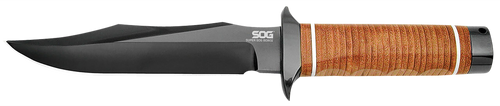 S.O.G SOGSB1TL Super SOG  7.50" Fixed Bowie Plain Black Hardcased TiCN AUS-8A SS Blade Brown Stacked Leather Washers w/Cross Guard Handle Includes Sheath
