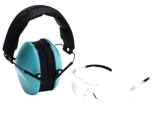 Pyramex VGCOMBO410 Low-Profile Combo Kit  Scratch Resistant Clear Lens & Frame with Rubber Temple Tips Powder Blue Low-Profile Earmuffs