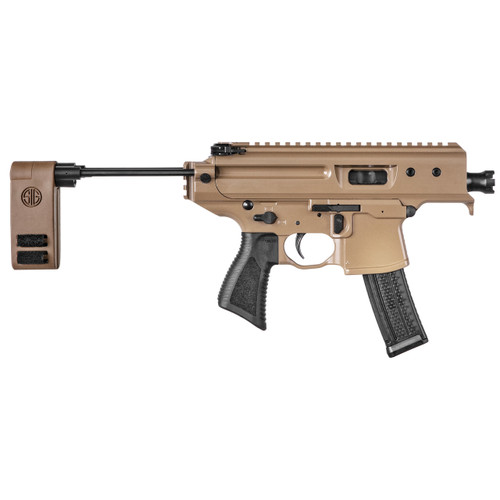 This is a Sig Sauer MPX chambered in 9mm. Named the "Copperhead" this pistol comes in a flat dark earth finish and has a pistol arm brace. Comes with one 20 round magazine.