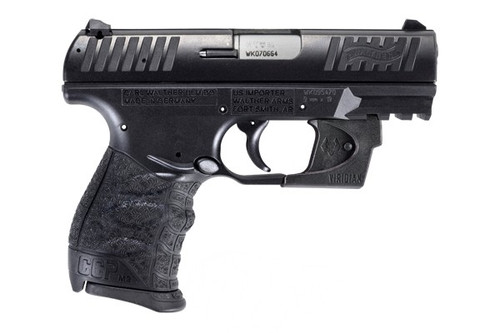 This is a Walther CCP M2, with the tool-less takedown. Chambered in 9mm, this firearm comes a custom Viridian laser and (2) 8-round magazines and has the classic black finish.