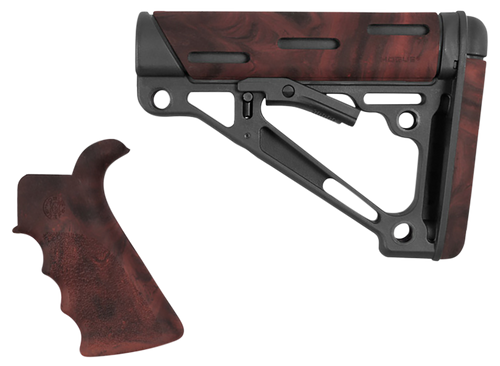Hogue 15456 OverMolded Collapsible Buttstock Black Synthetic Red Lava OverMolded Rubber & Red Lava Rubber Finger Grooved Grip for AR-15, M16 with Mil-Spec Buffer Tube (Tube Not Included)