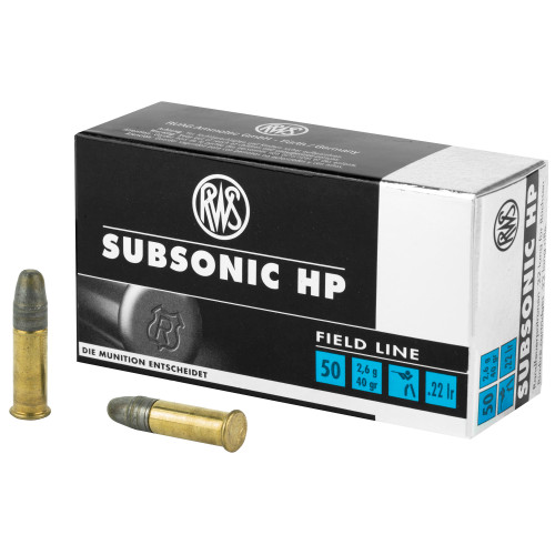 This is a box of RWS ammunition, Subsonic .22lr, 40 grain lead hollow point, 50 rounds per box.