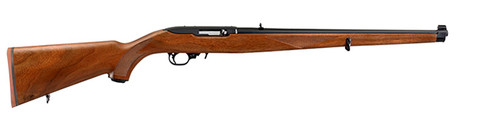 This is a Ruger 10/22 .22 lr (37" long with 18.5" barrel) with a Mannlicher Walnut stock. The barrel is finished in a matte black.