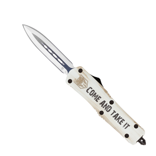 CobraTec Knives MCATIFS3DAGNS FS-3 Come And Take It Medium 3" OTF Dagger Plain D2 Steel Blade White w/"Come And Take It" Aluminum Cerakoted Handle Features Glass Breaker Includes Pocket Clip