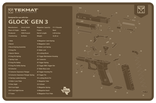 TekMat TEKR17GLOCKG3FDE Glock Gen 3 Cleaning Mat Flat Dark Earth Rubber 11"x17" Glock Gen 3 Parts Diagram