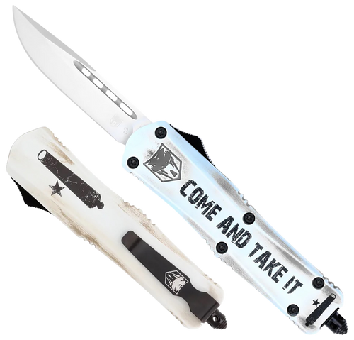 CobraTec Knives SCATIFS3DNS FS-3 Come And Take It Small 3" OTF Drop Point Plain D2 Steel Blade 4.50" White "Come And Take It" Aluminum Cerakoted Handle Includes Glass Breaker/Pocket Clip