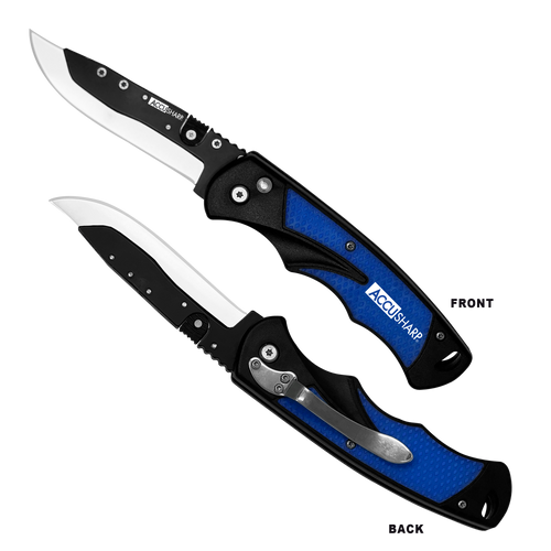 AccuSharp 743C Replaceable Blade Razor  3.50" Folding Plain Stainless Steel Blade/Royal Blue Ergonomic Anti-Slip Anodized Aluminum Handle/Includes 2 Replacement Blades/Belt Clip
