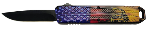 Xcaliber Knife Company  Don't Tread on Me  Medium 3.20" OTF Drop Point Plain Black 440C SS Blade, 4.80" US Flag Aluminum Handle