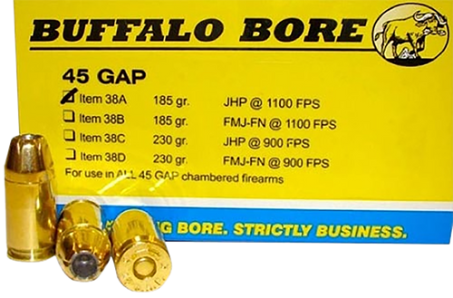 Buffalo Bore Ammunition 38A20 Personal Defense Strictly Business 45GAP 185gr Jacket Hollow Point 20 Per Box/12 Case