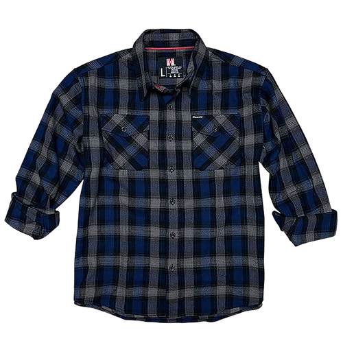 Hornady Gear 32203 Flannel Shirt  Large Navy/Black/Gray,  Cotton/Polyester, Relaxed Fit Button Up