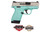 This is a Smith & Wesson Shield 9mm, Robin's Egg Blue Frame, Shimmering Aluminum Slide.