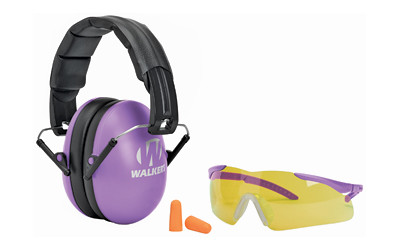 Walker's GWP-YWFM2GFP-PUR Folding Muff Combo Kit 23 dB Over the Head Polymer Purple Ear Cups with Black Headband Youth, Women with Glasses & 31dB Foam Ear Plugs  GWP-YWFM2GFB-PUR
