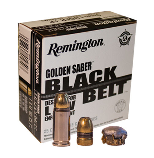 Remington Golden Saber Black Belt 9mm +P 124 Grain Brass Jacketed Hollow Point, has 25 rounds per box, manufactured by Remington.