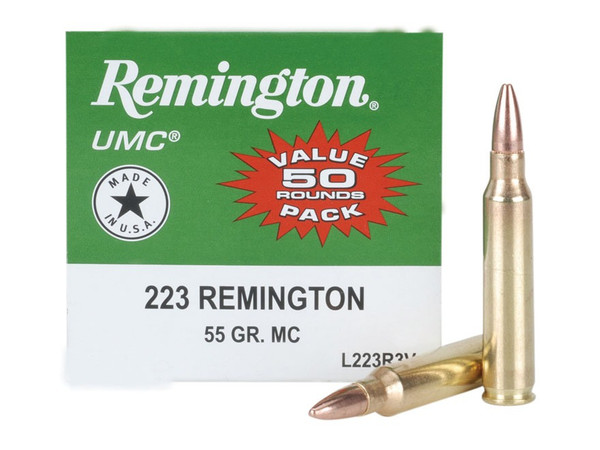 Remington UMC .223 remington 55 Grain Full Metal Jacket, has 50 rounds per box, manufactured by Remington.