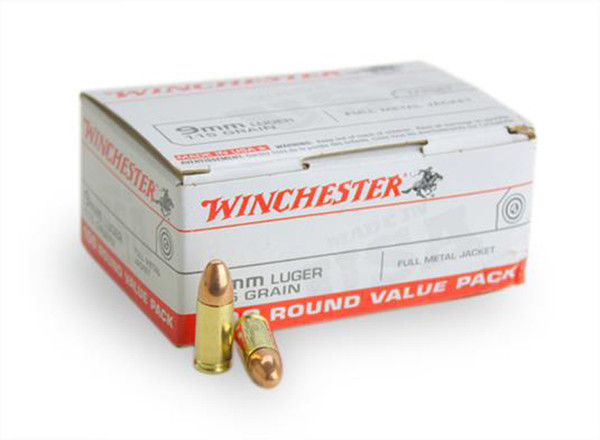 This is a new box of Winchester ammunition in the 9mm caliber. They have 115 grain FMJ bullets and come 100 rounds per box.
