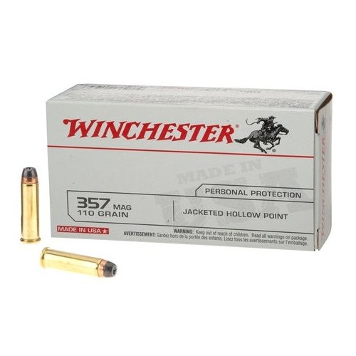 Winchester .357 magnum 110 grain Brass Jacketed Hollow Point, has 50 rounds per box, manufactured by Olin for Winchester.