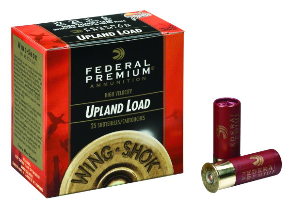 Federal Premium Wing-Shok Upland Load 12 gauge, 2-3/4" shell loaded with 1-3/8 oz. of #4 shot, 25 rounds per box, manufactured by Federal Cartridge Company.