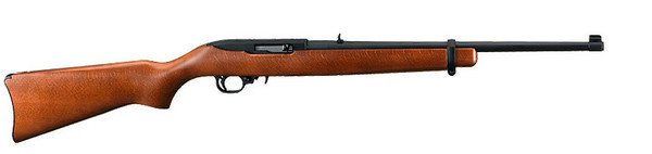 This is a Ruger 10/22 Carbine (37"long with 18.5" barrel) with a Hardwood stock. The barrel is finished in a matte black and is equipped with an adjustable rear sight and a gold bead front sight.