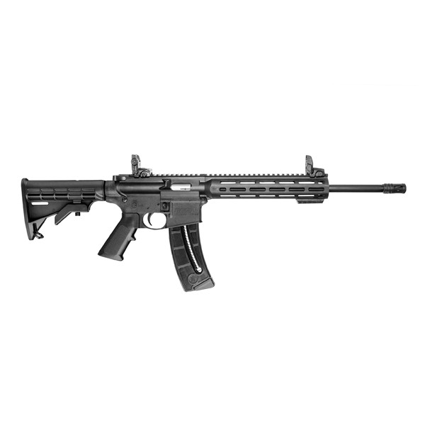 This is a Smith & Wesson M&P 15-22 Sport rifle with black furniture, chambered in .22 lr.