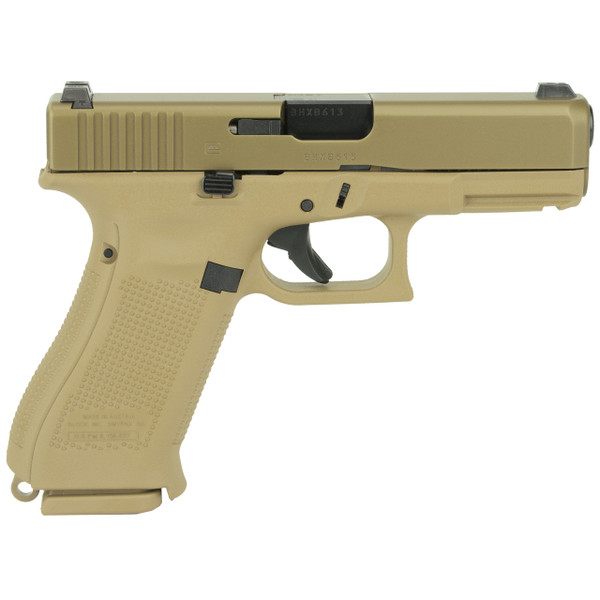 This is a Glock 19x chambered in 9x19(9mm) with night sights and a coyote brown finish.