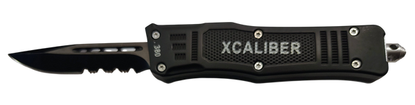 Xcaliber Knife Company  380 ACP  Small 2.75" OTF Part Serrated Black 440C SS Blade, 3.91" Steel Handle