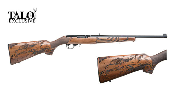 10/22 chambered in 22 long rifle, Manufactured by Ruger. This Talo special edition has an Eagle engraved into the Walnut stock
