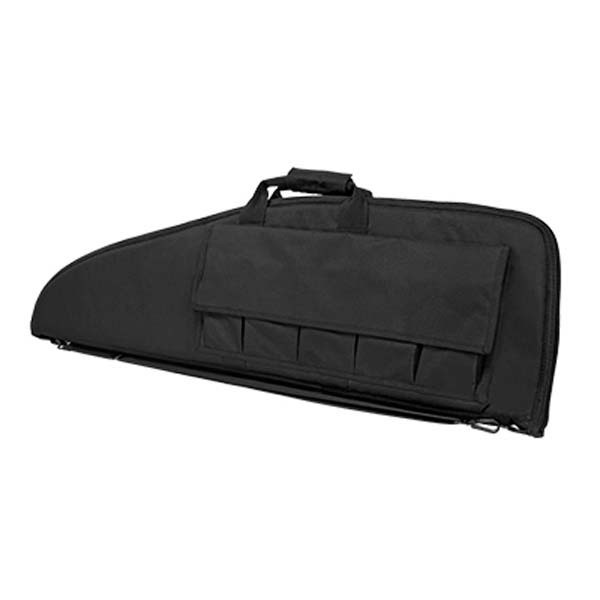 This Vism rifle case in Black. It is 36" long and 13" tall. It fits most AR-15 style rifles and comes with five pouches to hold extra magazines.