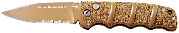 Boker 01KALS103  Kalashnikov 3.35" Spear Point Plain/Serrated Desert D2 Steel Blade Aluminum Handle